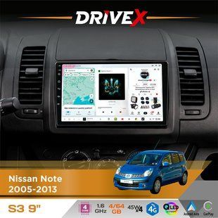 Штатна магнітола для Nissan Note 2005-2013 DriveX S3 QLED 9" Android 8-ядерний 1.6ГГц 4x64Гб SIM-картка 3G/4G 7388 4x45W ASP TM2313 бездротовий CarPlay та AndroidAuto