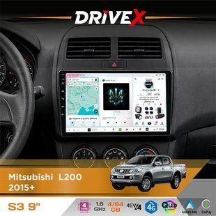 Штатна магнітола для Mitsubishi L200 2015+ DriveX S3 QLED 9" Android 8-ядерний 1.6ГГц 4x64Гб SIM-картка 3G/4G 7388 4x45W ASP TM2313 бездротовий CarPlay та AndroidAuto