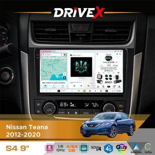 Штатна магнітола для Nissan Teana 2012-2020 DriveX S4 QLED 9" Android 8-ядерний 1.6ГГц 4x64Гб SIM-картка 3G/4G TDA7851 4x50W DSP AK7604 бездротовий CarPlay та AndroidAuto