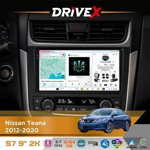 Штатна магнітола для Nissan Teana 2012-2020 DriveX S7 2K QLED 9" Android 8-ядерний 2.7ГГц 6x64Гб SIM-картка 3G/4G AK7808 AB 4x50W DSP AK7739 VELVET бездротовий CarPlay та AndroidAuto