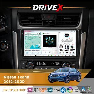 Штатна магнітола для Nissan Teana 2012-2020 DriveX S7+ 2K QLED 9" Android 8-ядерний 2.7ГГц 8x128Гб SIM-картка 3G/4G AK7808 AB 4x50W 360&deg; DSP AK7739 VELVET бездротовий CarPlay та AndroidAuto