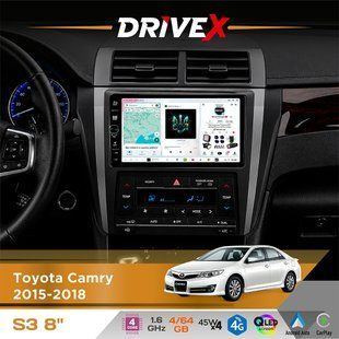 Штатна магнітола для Toyota Camry 2015-2018 DriveX S3 QLED 8" з фізичними кнопками Android 8-ядерний 1.6ГГц 4x64Гб SIM-картка 3G/4G 7388 45W ASP TM2313 бездротовий CarPlay та AndroidAuto