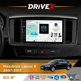 Штатна магнітола для Mitsubishi Lancer X 2007-2017 DriveX S3 QLED 8" з фізичними кнопками Android 8-ядерний 1.6ГГц 4x64Гб SIM-картка 3G/4G 7388 45W ASP TM2313 бездротовий CarPlay та AndroidAuto