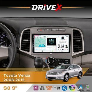 Штатна магнітола для Toyota Venza 2008-2015 DriveX S3 QLED 9" Android 8-ядерний 1.6ГГц 4x64Гб SIM-картка 3G/4G 7388 4x45W ASP TM2313 бездротовий CarPlay та AndroidAuto