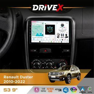 Штатна магнітола для Renault Duster 2010-2022 DriveX S3 QLED 9" Android 8-ядерний 1.6ГГц 4x64Гб SIM-картка 3G/4G 7388 4x45W ASP TM2313 бездротовий CarPlay та AndroidAuto