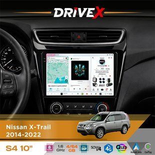 Штатна магнітола для Nissan X-Trail 2014-2022 DriveX S4 QLED 10" Android 8-ядерний 1.6ГГц 4x64Гб SIM-картка 3G/4G TDA7851 4x50W DSP AK7604 бездротовий CarPlay та AndroidAuto