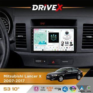 Штатна магнітола для Mitsubishi Lancer X 2007-2017 DriveX S3 QLED 10" Android 8-ядерний 1.6ГГц 4x64Гб SIM-картка 3G/4G 7388 4x45W ASP TM2313 бездротовий CarPlay та AndroidAuto