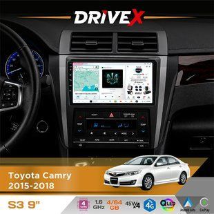 Штатна магнітола для Toyota Camry 2015-2018 DriveX S3 QLED 9" Android 8-ядерний 1.6ГГц 4x64Гб SIM-картка 3G/4G 7388 4x45W ASP TM2313 бездротовий CarPlay та AndroidAuto