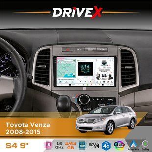 Штатна магнітола для Toyota Venza 2008-2015 DriveX S4 QLED 9" Android 8-ядерний 1.6ГГц 4x64Гб SIM-картка 3G/4G TDA7851 4x50W DSP AK7604 бездротовий CarPlay та AndroidAuto