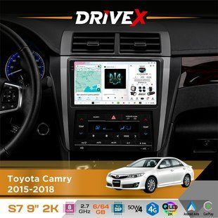 Штатна магнітола для Toyota Camry 2015-2018 DriveX S7 2K QLED 9" Android 8-ядерний 2.7ГГц 6x64Гб SIM-картка 3G/4G AK7808 AB 4x50W DSP AK7739 VELVET бездротовий CarPlay та AndroidAuto