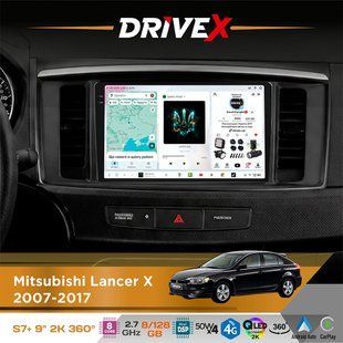 Штатна магнітола для Mitsubishi Lancer X 2007-2017 DriveX S7+ 2K QLED 9" Android 8-ядерний 2.7ГГц 8x128Гб SIM-картка 3G/4G AK7808 AB 4x50W 360&deg; DSP AK7739 VELVET бездротовий CarPlay та AndroidAuto