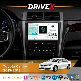Штатна магнітола для Toyota Camry 2015-2018 DriveX S7+ 2K QLED 9" Android 8-ядерний 2.7ГГц 8x128Гб SIM-картка 3G/4G AK7808 AB 4x50W 360&deg; DSP AK7739 VELVET бездротовий CarPlay та AndroidAuto