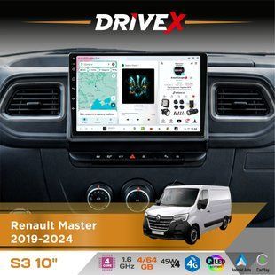 Штатна магнітола для Renault Master 2019-2024 DriveX S3 QLED 10" Android 8-ядерний 1.6ГГц 4x64Гб SIM-картка 3G/4G 7388 4x45W ASP TM2313 бездротовий CarPlay та AndroidAuto