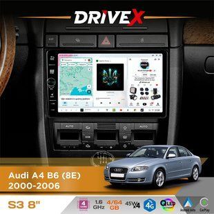 Штатна магнітола для Audi A4 B6 (8E) 2000-2006 DriveX S3 QLED 8" з фізичними кнопками Android 8-ядерний 1.6ГГц 4x64Гб SIM-картка 3G/4G 7388 45W ASP TM2313 бездротовий CarPlay та AndroidAuto