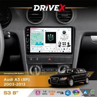 Штатна магнітола для Audi A3 (8P) 2003-2013 DriveX S3 QLED 8" з фізичними кнопками Android 8-ядерний 1.6ГГц 4x64Гб SIM-картка 3G/4G 7388 45W ASP TM2313 бездротовий CarPlay та AndroidAuto