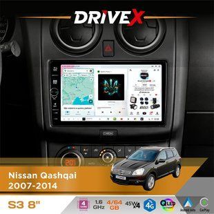 Штатна магнітола для Nissan Qashqai 2007-2014 DriveX S3 QLED 8" з фізичними кнопками Android 8-ядерний 1.6ГГц 4x64Гб SIM-картка 3G/4G 7388 45W ASP TM2313 бездротовий CarPlay та AndroidAuto