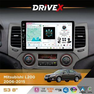 Штатна магнітола для Mitsubishi L200 2006-2015 DriveX S3 QLED 8" з фізичними кнопками Android 8-ядерний 1.6ГГц 4x64Гб SIM-картка 3G/4G 7388 45W ASP TM2313 бездротовий CarPlay та AndroidAuto