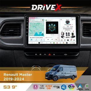 Штатна магнітола для Renault Master 2019-2024 DriveX S3 QLED 9" Android 8-ядерний 1.6ГГц 4x64Гб SIM-картка 3G/4G 7388 4x45W ASP TM2313 бездротовий CarPlay та AndroidAuto