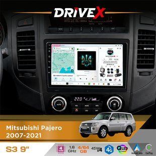 Штатна магнітола для Mitsubishi Pajero 2007-2021 DriveX S3 QLED 9" Android 8-ядерний 1.6ГГц 4x64Гб SIM-картка 3G/4G 7388 4x45W ASP TM2313 бездротовий CarPlay та AndroidAuto