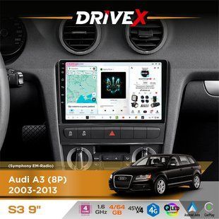 Штатна магнітола для Audi A3 (8P) 2003-2013 DriveX S3 QLED 9" Android 8-ядерний 1.6ГГц 4x64Гб SIM-картка 3G/4G 7388 4x45W ASP TM2313 бездротовий CarPlay та AndroidAuto