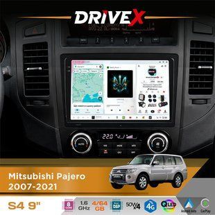 Штатна магнітола для Mitsubishi Pajero 2007-2021 DriveX S4 QLED 9" Android 8-ядерний 1.6ГГц 4x64Гб SIM-картка 3G/4G TDA7851 4x50W DSP AK7604 бездротовий CarPlay та AndroidAuto