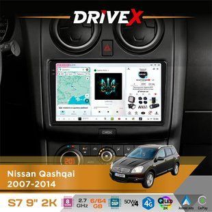 Штатна магнітола для Nissan Qashqai 2007-2014 DriveX S7 2K QLED 9" Android 8-ядерний 2.7ГГц 6x64Гб SIM-картка 3G/4G AK7808 AB 4x50W DSP AK7739 VELVET бездротовий CarPlay та AndroidAuto