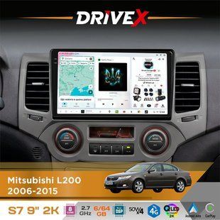 Штатна магнітола для Mitsubishi L200 2006-2015 DriveX S7 2K QLED 9" Android 8-ядерний 2.7ГГц 6x64Гб SIM-картка 3G/4G AK7808 AB 4x50W DSP AK7739 VELVET бездротовий CarPlay та AndroidAuto