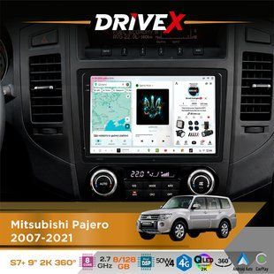Штатна магнітола для Mitsubishi Pajero 2007-2021 DriveX S7+ 2K QLED 9" Android 8-ядерний 2.7ГГц 8x128Гб SIM-картка 3G/4G AK7808 AB 4x50W 360&deg; DSP AK7739 VELVET бездротовий CarPlay та AndroidAuto