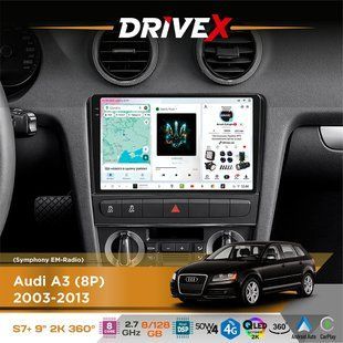 Штатна магнітола для Audi A3 (8P) 2003-2013 DriveX S7+ 2K QLED 9" Android 8-ядерний 2.7ГГц 8x128Гб SIM-картка 3G/4G AK7808 AB 4x50W 360&deg; DSP AK7739 VELVET бездротовий CarPlay та AndroidAuto