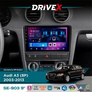 Штатна магнітола для Audi A3 (8P) 2003-2013 DriveX SE-903 QLED 9" Android 8-ядерний 4+64Гб SIM-картка 3G/4G DSP 4x50W(TDA7851) бездротовий CarPlay та AndroidAuto