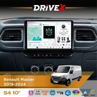 Штатна магнітола для Renault Master 2019-2024 DriveX S4 QLED 10" Android 8-ядерний 1.6ГГц 4x64Гб SIM-картка 3G/4G TDA7851 4x50W DSP AK7604 бездротовий CarPlay та AndroidAuto