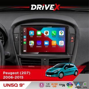 Штатна магнітола для Peugeot 207 2006-2015 DriveX UN5 QLED 9" Android 4-ядерний 2+32Гб 4x45W бездротовий CarPlay та AndroidAuto