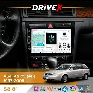 Штатна магнітола для Audi A6 C5 (4B) 1997-2005 DriveX S3 QLED 8" з фізичними кнопками Android 8-ядерний 1.6ГГц 4x64Гб SIM-картка 3G/4G 7388 45W ASP TM2313 бездротовий CarPlay та AndroidAuto