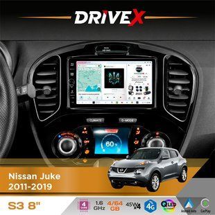 Штатна магнітола для Nissan Juke 2011-2019 DriveX S3 QLED 8" з фізичними кнопками Android 8-ядерний 1.6ГГц 4x64Гб SIM-картка 3G/4G 7388 45W ASP TM2313 бездротовий CarPlay та AndroidAuto