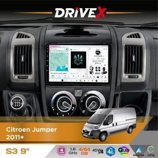 Штатна магнітола для Citroen Jumper 2011+ DriveX S3 QLED 9" Android 8-ядерний 1.6ГГц 4x64Гб SIM-картка 3G/4G 7388 4x45W ASP TM2313 бездротовий CarPlay та AndroidAuto