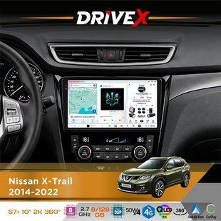 Штатна магнітола для Nissan X-Trail 2014-2022 DriveX S7+ 2K QLED 10" Android 8-ядерний 2.7ГГц 8x128Гб SIM-картка 3G/4G AK7808 AB 4x50W 360&deg; DSP AK7739 VELVET бездротовий CarPlay та AndroidAuto