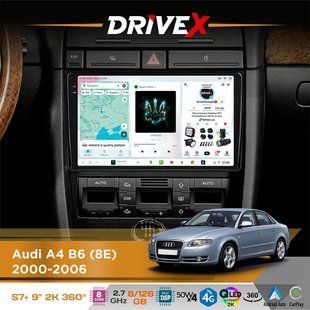 Штатна магнітола для Audi A4 B6 (8E) 2000-2006 DriveX S7+ 2K QLED 9" Android 8-ядерний 2.7ГГц 8x128Гб SIM-картка 3G/4G AK7808 AB 4x50W 360&deg; DSP AK7739 VELVET бездротовий CarPlay та AndroidAuto